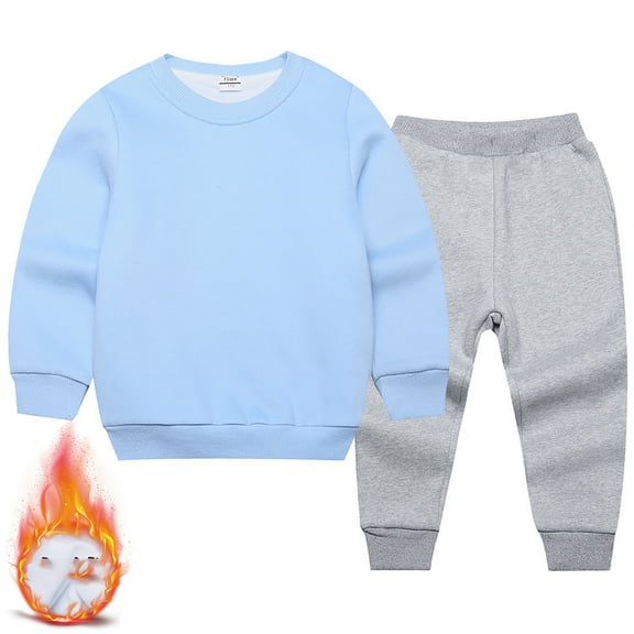 Wuxian Toddler Kids Boys Fall Winter Basic Clothes Sets Casual Crewneck Solid Color Long Sleeve Pullover Sweatshirt And Sweatpants 3 Piece Loose Fit Warm Outfits,Light Blue,4-5T