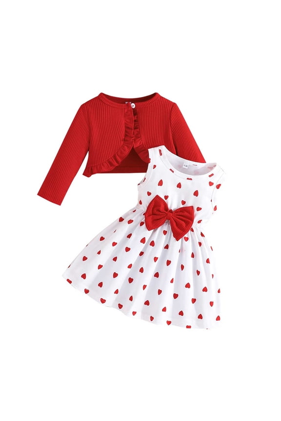 Toddler Kids Dress Outfits Set Cute Button Long Sleeve Solid Ruffled Knited Cardigan Matching Sleeveless Dress Flora Print High Waist Long Dresses Outfits,Red,6-9 Months