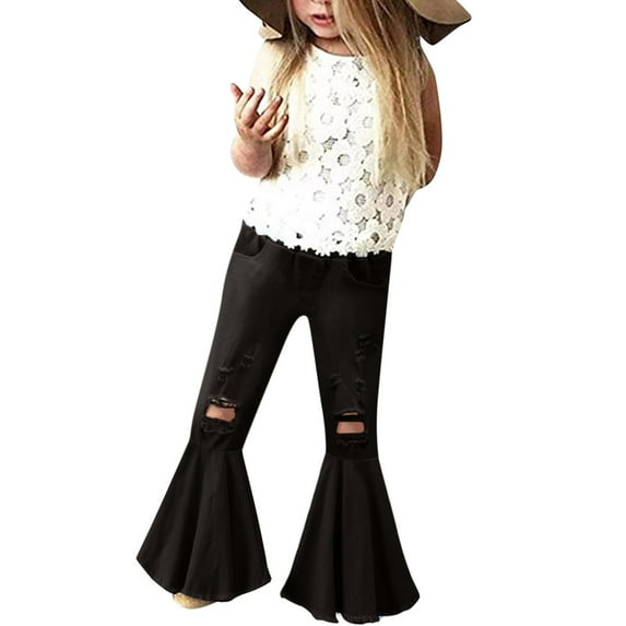 Wuxian Toddler Pants Denim Flared Trousers Ruffled Elastic Waist Ripped Distressed Jeans Pants Stylish Solid Color Washed Vintage Soft Cozy Streetwear Streetwear For Boys,Black,4-5 Years