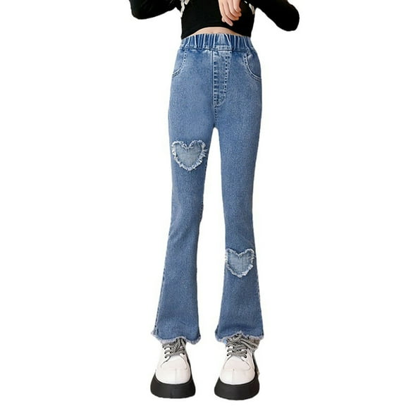 Wuxian Toddler Pants High Waist Denim Pants Solid Elastic Waist Vintage Distressed Jeans Flared Trousers For Sports Everyday Activities,Blue,5-6 Years