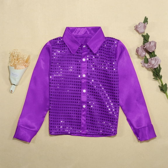 Wuxian Toddler Shirt Sparkly Sequins Shirts Long Sleeve Button Down Polo Collar Blouse Jazz Dance Performance Dancewear Cute Tops,Purple,5-6 Years