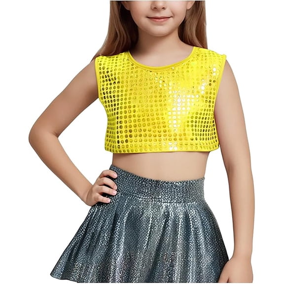 Wuxian Toddler Tops Fashion Show Sequins Crop Top Reound Neck Sleeveless Tank Top Gradient Shiny Stretch Performance Dancewear Cute Trendy Tops ,Gold,7-10 Years