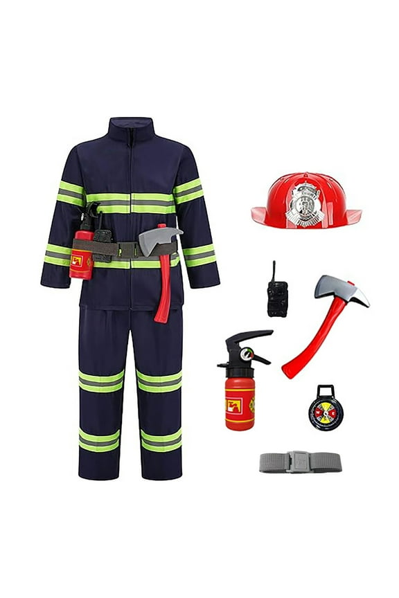 Toddlers Halloween Clothes Firefighter Dress-Up Toy Set Fire Chief Pretend Long Sleeve Coat Matching Pants With Accessories Set,Blue,8-9 Years