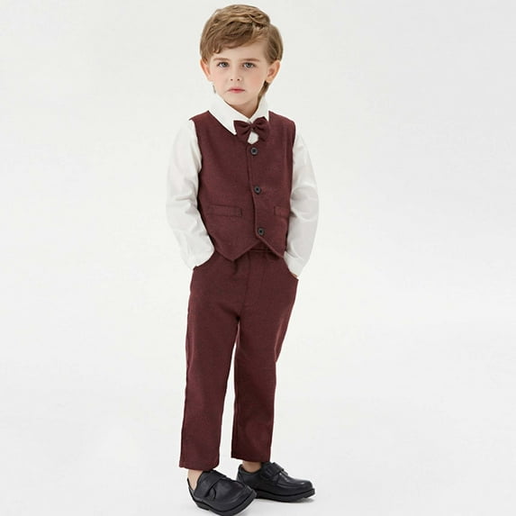 Wuxian Travel Outfits For Boys Formal Suit 3 Piece Outfits Gentleman Dress Clothes Solid Long Sleeve Dress Shirt+Elegant Button Down Vest+Pants Party Wedding Sets,Burgundy,18-24 Months