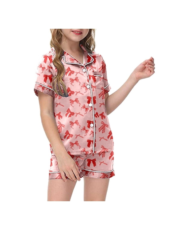 Travel Outfits For Girls Kid Short Set Home Wear Summer Breathable 2 Piece Suit Short Sleeve Button Down V-Neck Blouse Shorts Pajama Sets Bows Print Valentine'S Day Outfits,Pink,13 Years