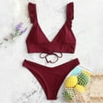 thumbnail image 1 of Wuxian Two Piece Bikini Set For Women Solid Color Deep V-Neck Ruffle Spaghetti Strap Ribbed Low Waist Switmsuit Bathing Suit Swimwears Tankinis Set Breathable Stylish Beachwear,Red,M, 1 of 3