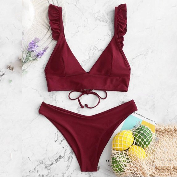 Wuxian Two Piece Bikini Set For Women Solid Color Deep V-Neck Ruffle Spaghetti Strap Ribbed Low Waist Switmsuit Bathing Suit Swimwears Tankinis Set Breathable Stylish Beachwear,Red,M