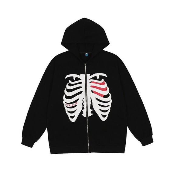 Wuxian Unisex Adult Zip Up Hoodie Women Men Halloween Skeleton Print Long Sleeve Casual Jackets