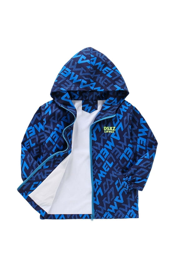 Unisex Boys Girls Coat Hooded Casual Windbreaker Jackets Printing Outerwear Zipper Coats Long Sleeve Coats With Pockets Sweatshirts,Blue,3-4 Years