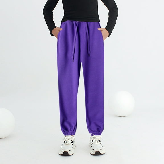 Wuxian Unisex Boys Girls Pants Elastic Waist Wide Leg Ankle-Tied Jogger Fuzzy Thick Lined Winter Warm Sweatpants With Pockets Toddler Casual Solid Trousers,Purple,5-6 Years