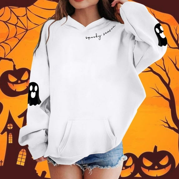 Wuxian Unisex Girls Boys Halloween Sweatshirt Hooded Long Sleeve With Lovely Cartoon Pumpkin Skeleton Graphic Hoodieds Pullovers Cozy Soft Casual Fit Sport Shirt,White,3-4 Years