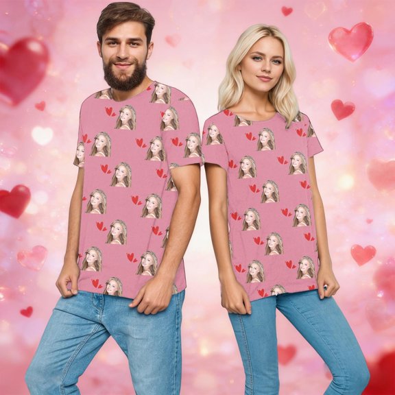 Wuxian Unisex Valentine Funny Shirt Round Neck Short Sleeve T-Shirt Couples Matching Tee Diy Graphic Print Loose Fashionable Tops For Women Casual Top Blouse,Pink,S