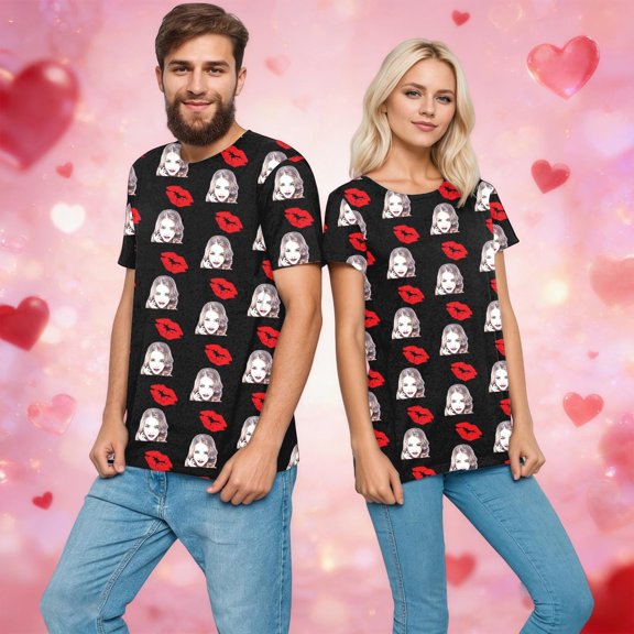 Wuxian Unisex Valentine Funny Shirt Round Neck Short Sleeve T-Shirt Couples Matching Tee Diy Graphic Print Loose Fashionable Tops For Women Dailywear,Black,XL