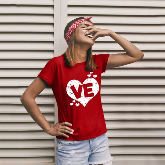 Wuxian Valentine Day Shirts For Couples Womens Short Sleeve Love Letter Print Blouse Casual Crewneck Trendy Comfort Sodt T Shirts Tops Basic Fashion Dressy Clothes,Red,M