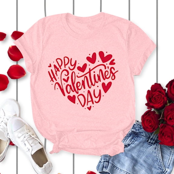 Wuxian Valentine Day Shirts For Couples Womens Short Sleeve Love Letter Print Blouse Casual Crewneck Trendy Comfort Sodt T Shirts Tops Basic Fashion Dressy Clothes,Pink,XL