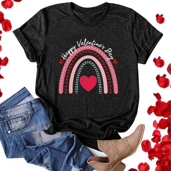 Wuxian Valentine Day Shirts For Couples Womens Short Sleeve Love Letter Print Blouse Casual Crewneck Trendy Comfort Sodt T Shirts Tops Casual Top Blouse,Black,M