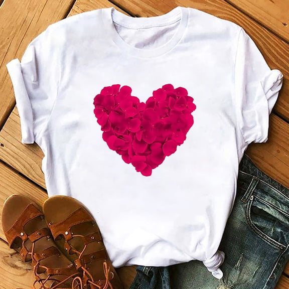 Wuxian Valentine Day Shirts For Couples Womens Short Sleeve Love Letter Print Blouse Casual Crewneck Trendy Comfort Sodt T Shirts Tops Streetwear,Hot Pink,XXXL