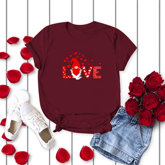 Wuxian Valentine Day Shirts For Couples Womens Short Sleeve Love Letter Print Blouse Casual Crewneck Trendy Comfort Sodt T Shirts Tops Streetwear,Red,M