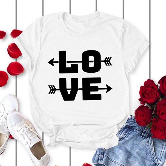 Wuxian Valentine Day Shirts For Couples Womens Short Sleeve Love Letter Print Blouse Casual Crewneck Trendy Comfort Sodt T Shirts Tops Streetwear,White,L