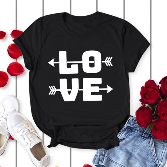 Wuxian Valentine Day Shirts For Couples Womens Short Sleeve Love Letter Print Blouse Casual Crewneck Trendy Comfort Sodt T Shirts Tops Vacation Trendy,Black,M