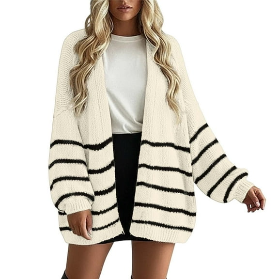 Wuxian Winter Coats For Women Casual Oversized Knit Cardigan Sweater Coat Striped Open Front Loose Fit Stylish Relaxed Outerwear Fall Fashion Winter Clothing,White,Xl