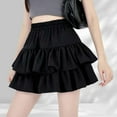 thumbnail image 1 of Wuxian Women Ballet Mini Skirts Solid Color Smocked High Waist Ruffles Tiered Elegant Flowy Casual Boho Layered Pleated Beach Short Skirt,Black,XL, 1 of 6