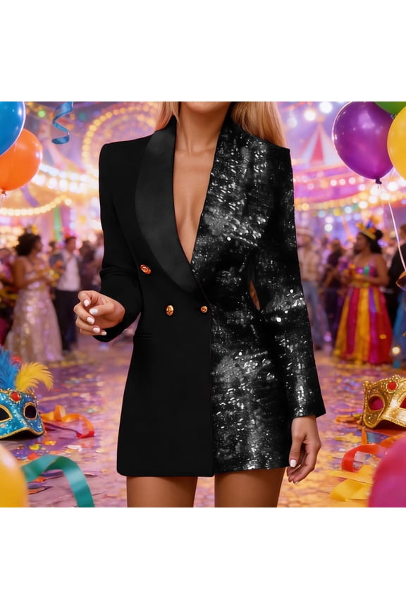 Women Blazer Mini Dress Deep V-Neck Sequins Patchwork Color Long Sleeve Double Sparkly Business Jacket Dresses Evening Party Clubwear,Black,XXL
