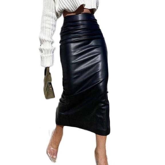 Wuxian Women Bodycon Midi Skirts Leather Slim Fit Solid Color Stylish High-Waist Long Pencil Skirt Office Stretchy Summer Casual Club Going Out Casual Dailywear,Black,M