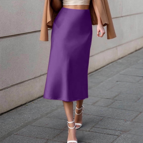 Wuxian Women Bodycon Midi Skirts Stain Slim Fit Solid Color Stylish High-Waist Long Pencil Skirt Office Stretchy Summer Casual Club Going Out Casual Dailywear,Dark Purple,L