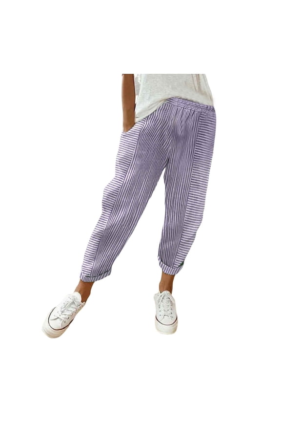 Women Capri Pants Fashion Striped Patchwork Loose Casual High Elastic Waist Wide Leg Summer Breathable Pocket Trousers Lightweight Joggers Travel Vacation Pants,Purple,XXL