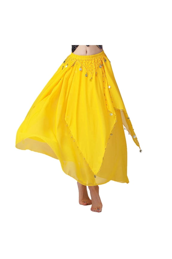 Women Chiffon Belly Dance Skirt Solid Color High Waist Sequins| Dance Half Skirt Irregular Mesh Stage Performance Flowing A Line Dancewear Stylish Skirts,Yellow,A