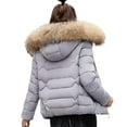 thumbnail image 1 of Wuxian Women Cropped Puffer Jacket Lightweight Fuzzy Hooded Coat Short Length Zipper Up Long Sleeve Solid Color Winter Warm Padded Coat With Pockets Outwear,Grey,XL, 1 of 3