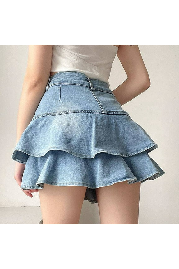 Women Denim Mini Skirt Tiered High Waist Ruffle Retro Slim A-Line Layer Solid Color Fashionable Elegant Comfy Casual Short Jean Skirts ,Light Blue,XXL