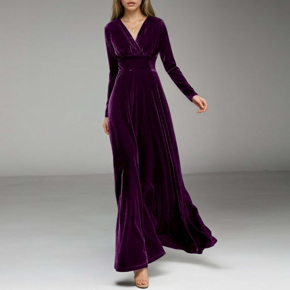 Wuxian Women Elegant Long Dresses Velvet V-Neck High Waist Long Sleeve Flowy Maxi Evening Gown Stylish Ruched Comfort Soft Party Evening Wedding Dresses,Purple,XL