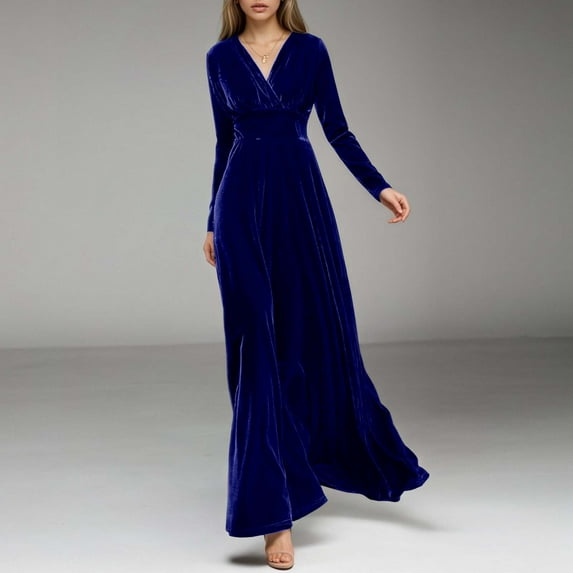 Wuxian Women Elegant Long Dresses Velvet V-Neck High Waist Long Sleeve Flowy Maxi Evening Gown Stylish Ruched Comfort Soft Party Evening Wedding Dresses,Blue,XXXL