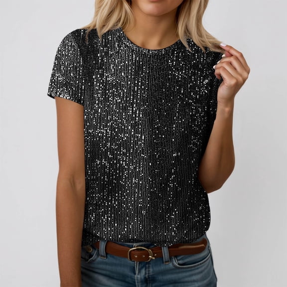 Wuxian Women Elegant Sequined Shirt Round Neck Short Sleeve Fashionable Shiny Top Casual Solid Colored Comfortable Sparkly Shirt Glitter T-Shirt Blouse Basic Fashion Dressy Clothes,Black,S