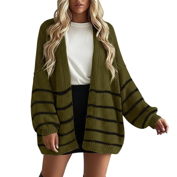 Wuxian Women Fall Sweater Casual Oversized Knit Cardigan Sweater Coat Striped Open Front Loose Fit Stylish Relaxed Outerwear Winter Clothing Dressy Casual Soft,Green,L