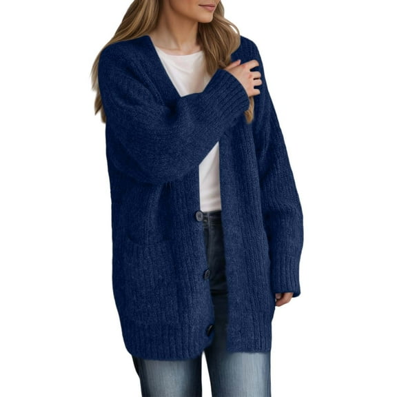 Wuxian Women Fall Sweater Sweater Long Cardigan Soft V-Neck Long Sleeve Button Down Wool Coat Jacket Open Front Oversized Knitted Sweater Winter Clothing Dressy Casual Soft,Navy,M