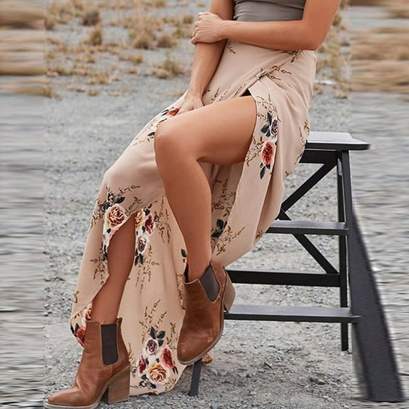 Wuxian Women Floral Long Skirts Bohemian High Waist Lace Up Flower Print High Split Flowy Loose Boho Skirt Stylish Breathable Soft Swing Summer Maxi Long Dailywear,Beige,XL