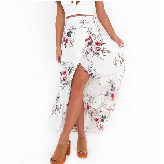 Wuxian Women Floral Long Skirts Bohemian High Waist Lace Up Flower Print High Split Flowy Loose Boho Skirt Stylish Breathable Soft Swing Summer Maxi Long Dailywear,White,L