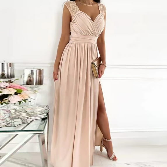 Wuxian Women Formal Party Dress Lace Sleeveless Solid Color Deep V-Neck Full Length Spring Summer Splicing Casual High Split Ruffles Ruched Wedding Party Gowns,Beige,M