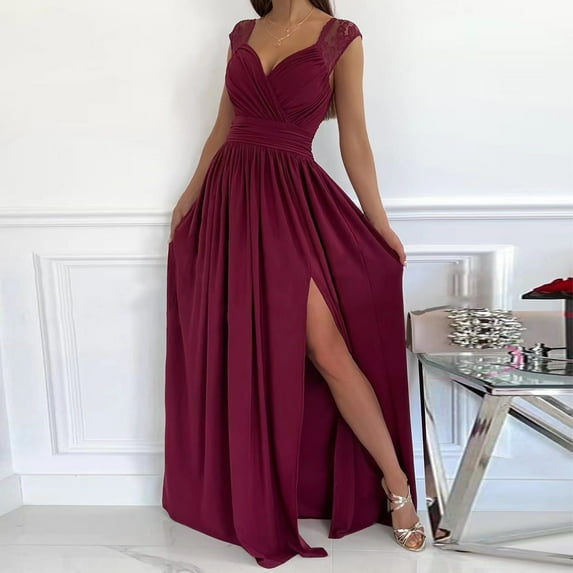 Wuxian Women Formal Party Dress Lace Sleeveless Solid Color Deep V-Neck Full Length Spring Summer Splicing Casual High Split Ruffles Ruched Wedding Party Gowns,RD2,S