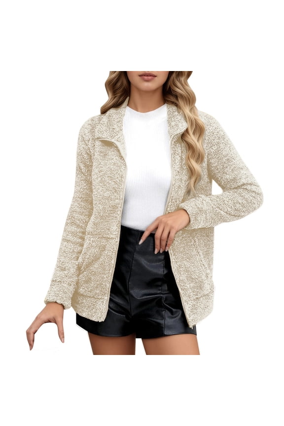 Women Jacket Casul Zip Up Long Sleeve Lightweight Wool Coat Stand Collar Soft Cozy Solid Color Fall Winter Thick Warm Outwear,Beige,S