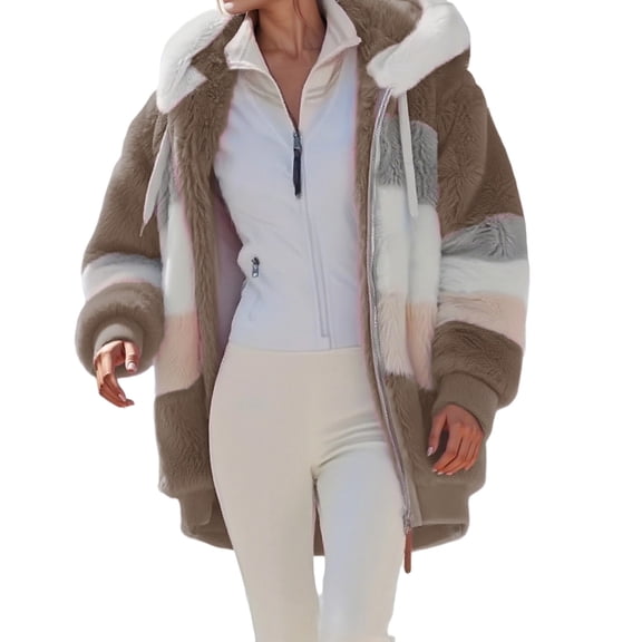 Wuxian Women Jacket Hoodie Long Sleeve Cozy Patchwork Fuzzy Wool Coat Zip Up With Pocket Color Block Winter Relaxed Fit Oversized Outwear,Khaki,Xxxxl