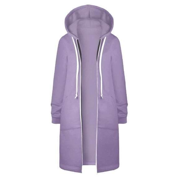 Wuxian Women Long Cardigan Thick Wool Overcoat Long Sleeve Hoodies Zipper Up Jacket With Pockets Casual Warmth Comfort Outerwear,Light Purple,M