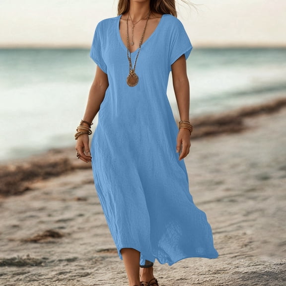 Wuxian Women Long Dress Short Sleeve V Neck Linen Solid Color Loose Casual Dress For Women Comfortable Breathable Boho Ruffle Stylish Flowy Long Dresses,Blue,XXXXL