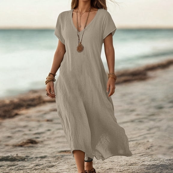 Wuxian Women Long Dress Short Sleeve V Neck Linen Solid Color Loose Casual Dress For Women Comfortable Breathable Boho Ruffle Stylish Flowy Long Dresses,Khaki,XXXXL