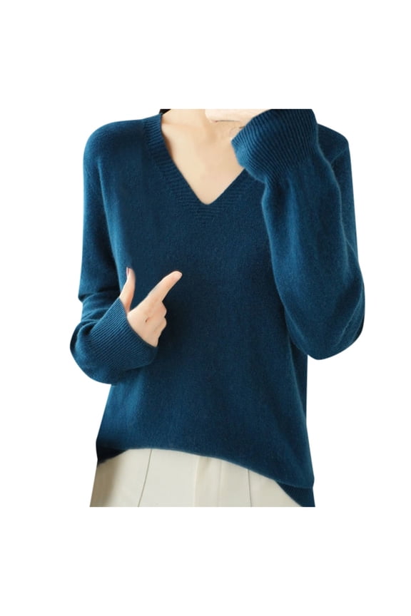 Women Long Sleeve Sweater Stylish Solid Color V-Neck Knit Top Soft Warm Wool Pullover Loose Fit Casual Base Winter Thermal Tunic Tops Lightweight Fashionable Work Spring Tee,Blue,Xxl