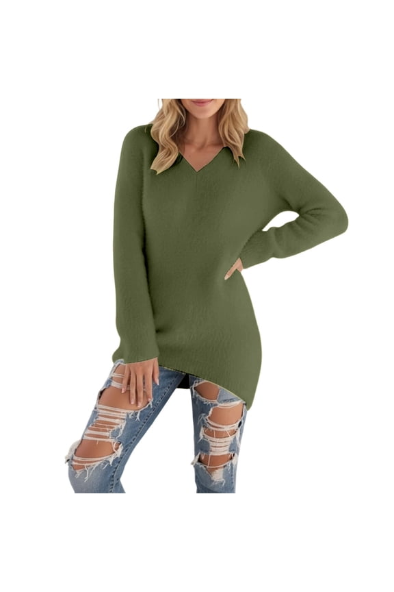 Women Long Sweater Stylish Solid Color Long Sleeve V-Neck Knit Top Soft Warm Wool Pullover Loose Fit Casual Base Winter Thermal Tunic Tops Lightweight Fashionable Basic Workout Clothes,Green,L