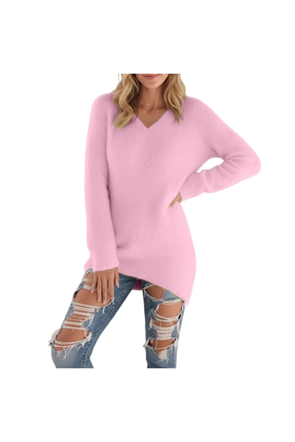 Women Long Sweater Stylish Solid Color Long Sleeve V-Neck Knit Top Soft Warm Wool Pullover Loose Fit Casual Base Winter Thermal Tunic Tops Lightweight Fashionable Work Spring Tee,Black,M